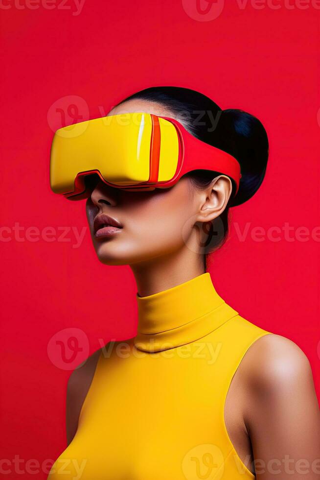 Illustration of a fashion portrait wearing a virtual reality VR headset. AI Generated. photo