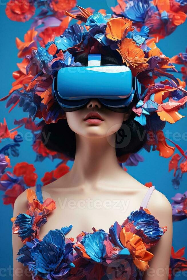 ilustración de un Moda retrato vistiendo un virtual realidad vr auriculares.,, ai generado. foto