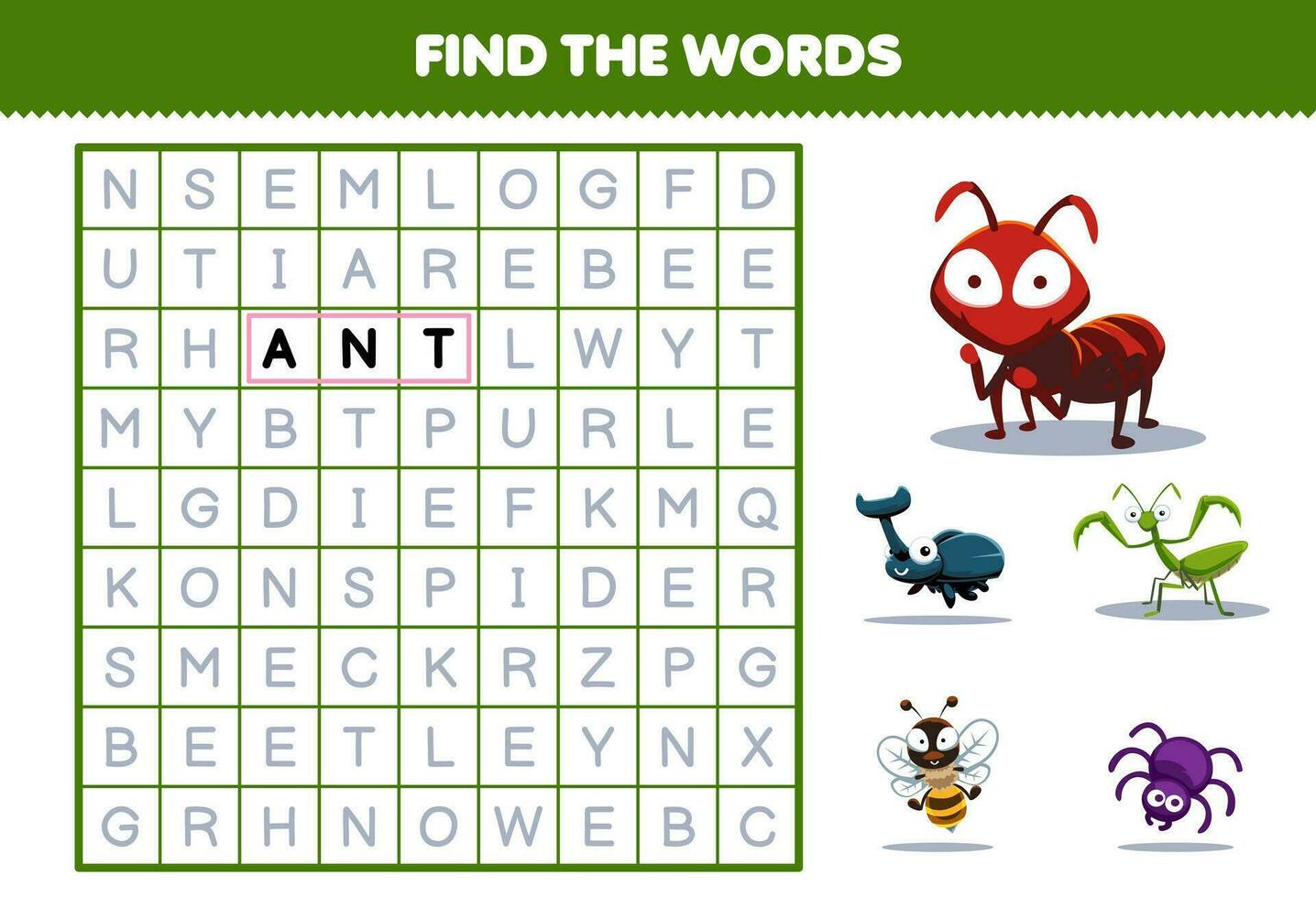 Education game for children find the words for cute cartoon ant beetle mantis bee spider printable animal worksheet vector