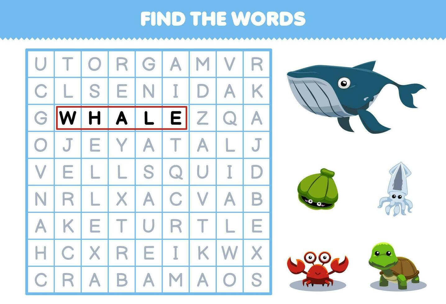 educación juego para niños encontrar el palabras para linda dibujos animados ballena cáscara calamar cangrejo Tortuga imprimible animal hoja de cálculo vector