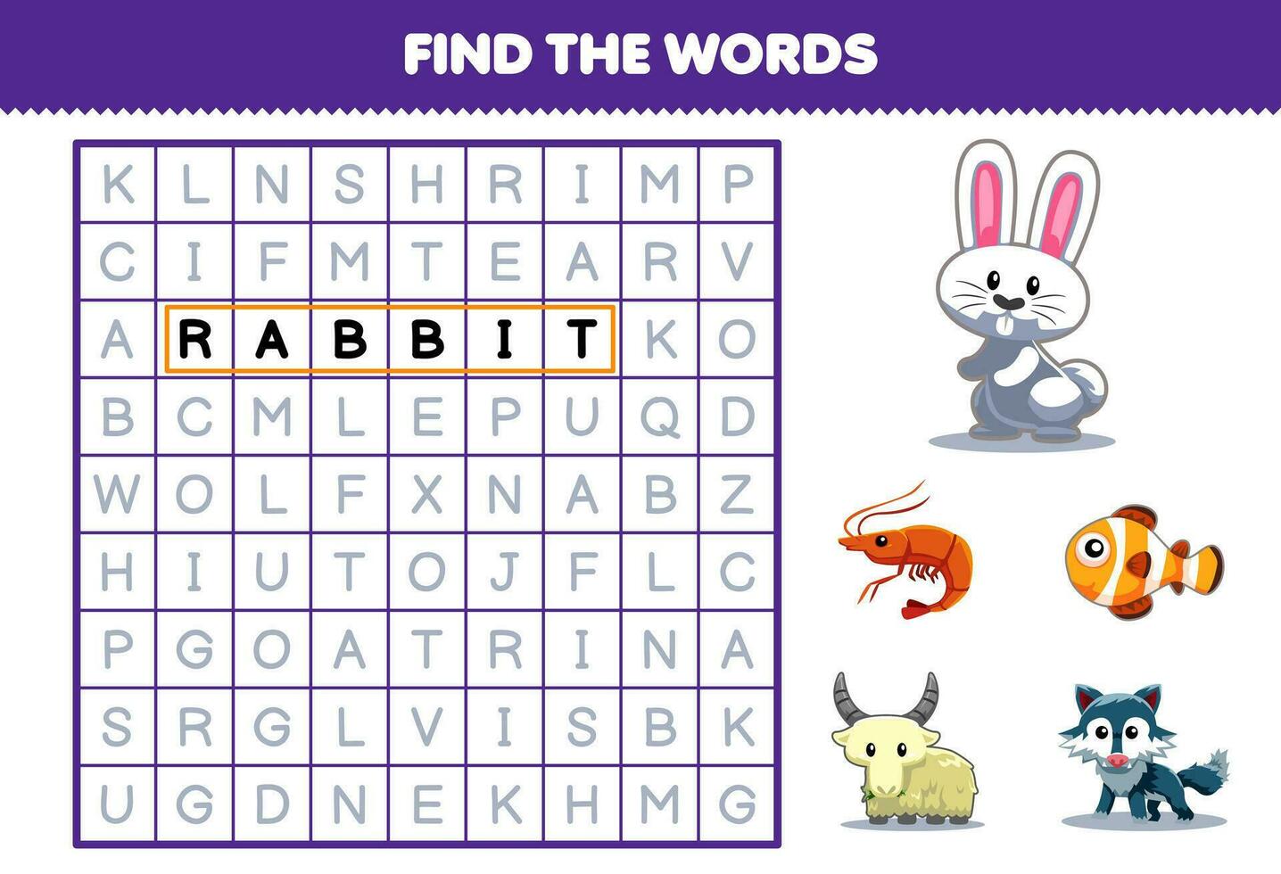 Education game for children find the words for cute cartoon rabbit shrimp fish goat wolf printable animal worksheet vector