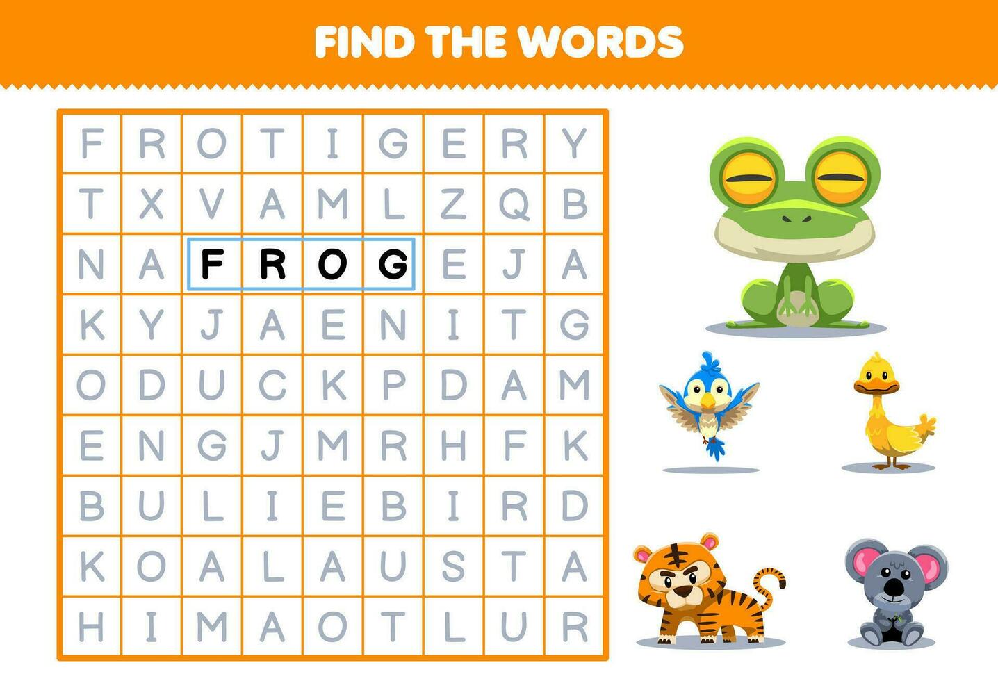 educación juego para niños encontrar el palabras para linda dibujos animados rana pájaro Pato Tigre coala imprimible animal hoja de cálculo vector