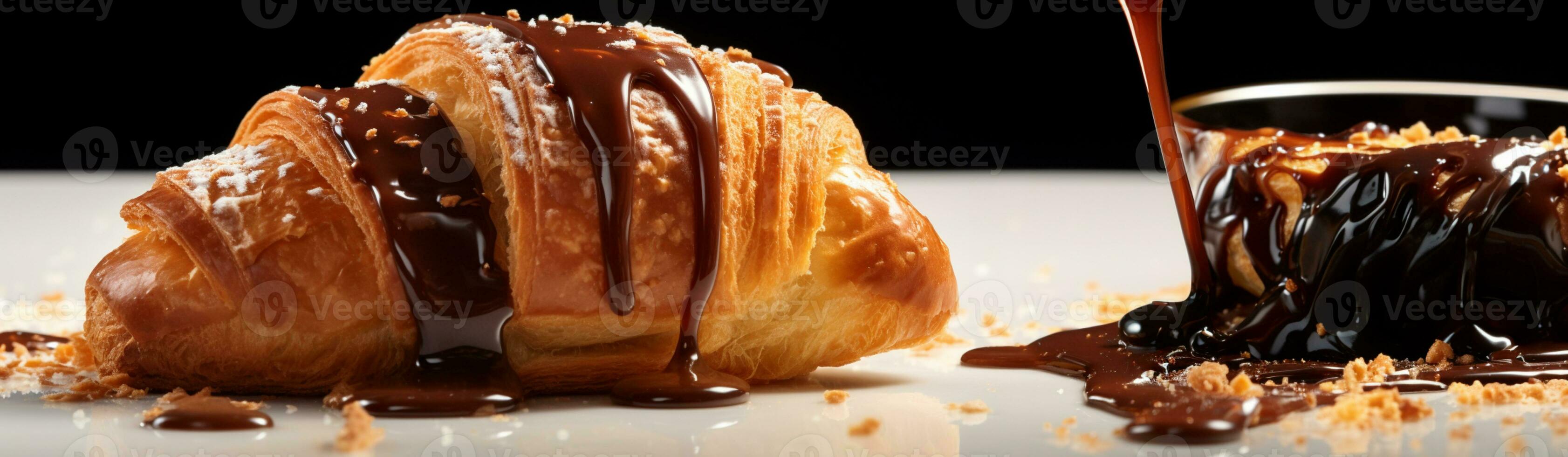 Delicious Breakfast - Chocolate Croissant with Realistic Details. Generative AI, Culinary photography that captures the detail and realistic texture of croissants, with runny melted chocolate. photo