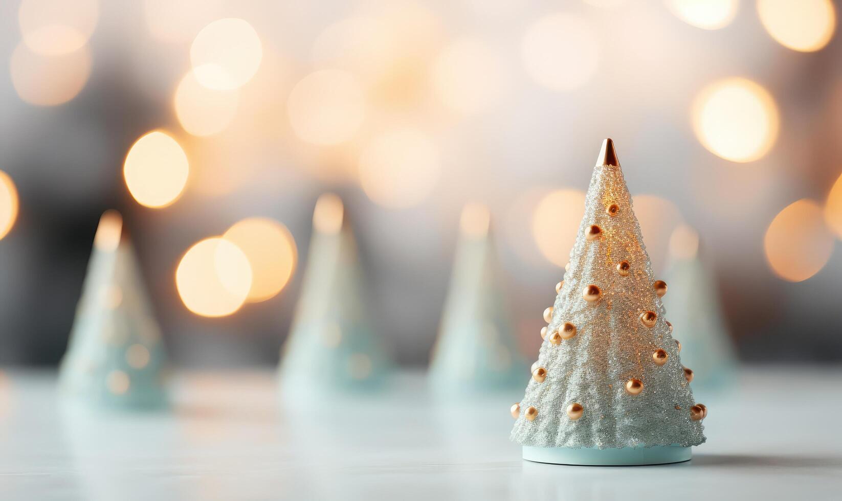 small christmas tree candles on a table with bokeh lights . photo