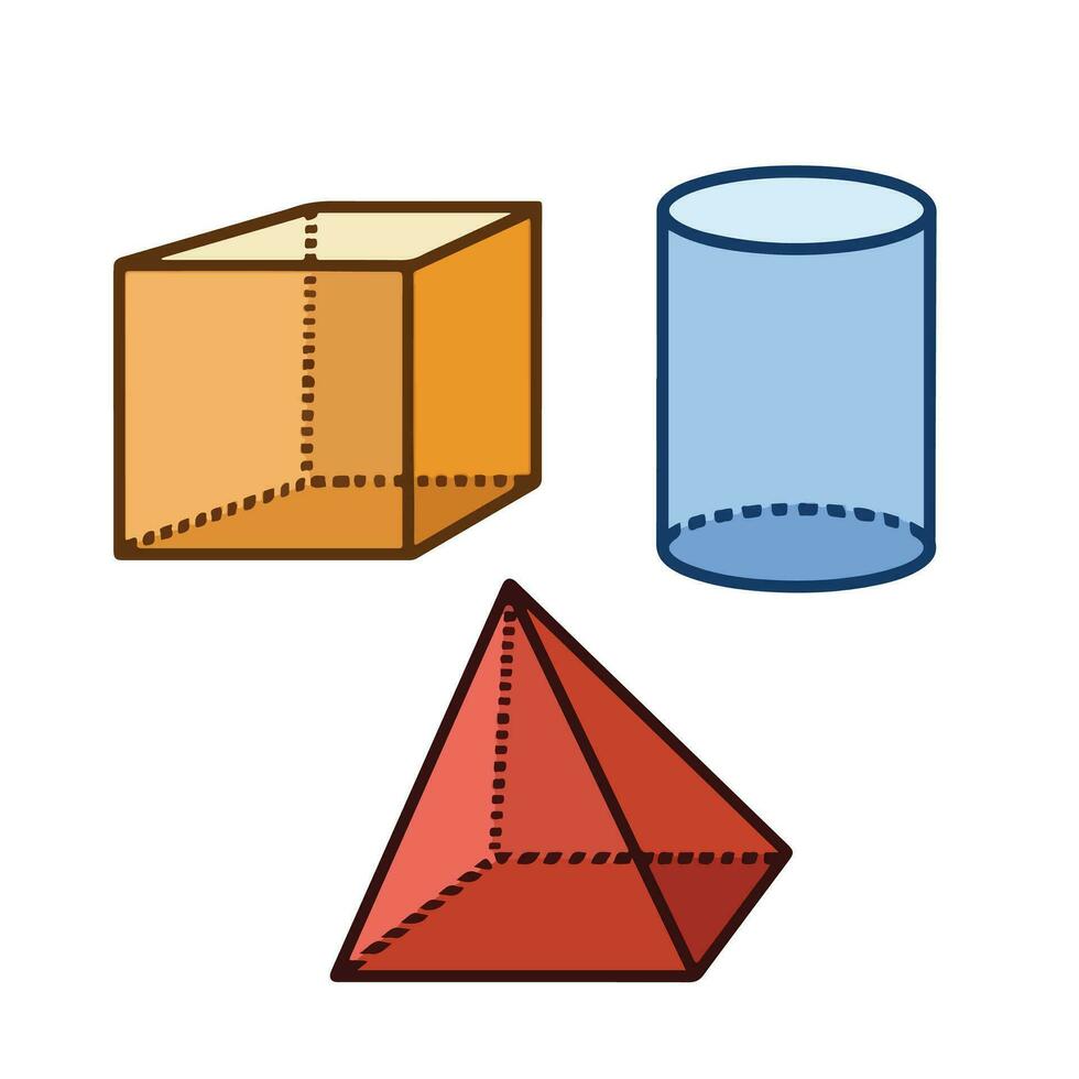 Orange cube box, blue tube, and red pyramid vector illustration isolated on square white background. Simple flat cartoon outlined shapes drawing.