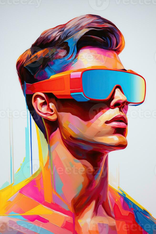 Illustration of a fashion portrait wearing a virtual reality VR headset. AI Generated. photo