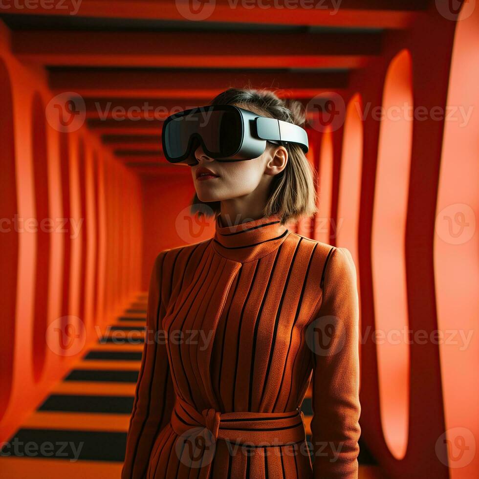 Illustration of a person wearing a virtual reality VR headset, AI Generated. photo