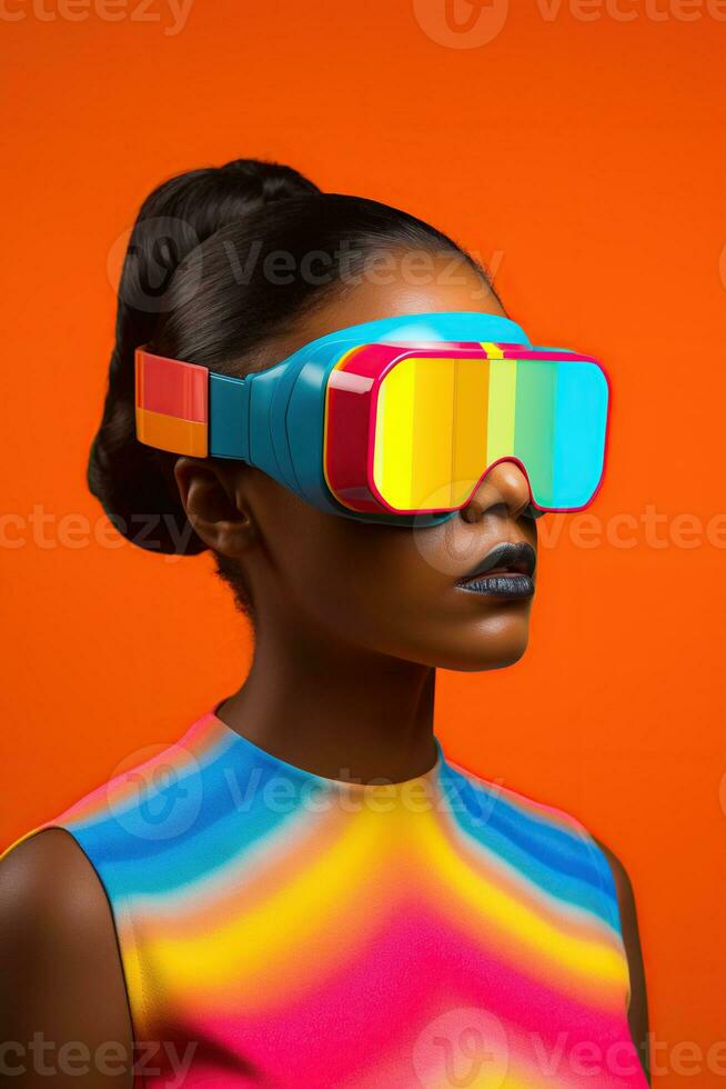 Illustration of a fashion portrait wearing a virtual reality VR headset. AI Generated. photo