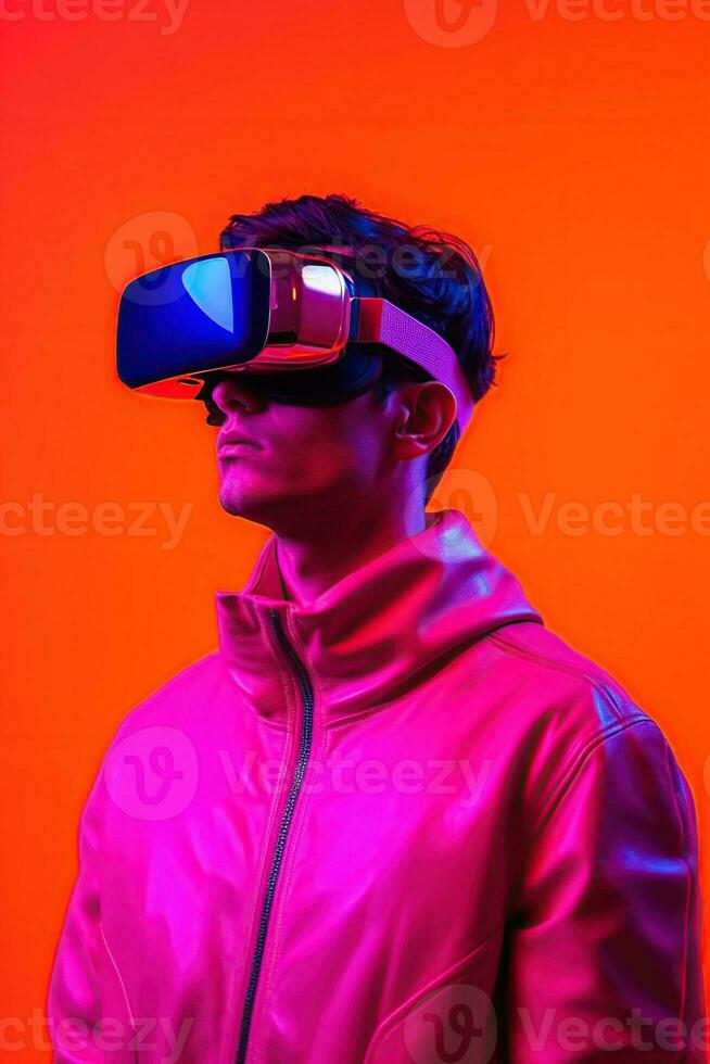 Illustration of a fashion portrait wearing a virtual reality VR headset. AI Generated. photo