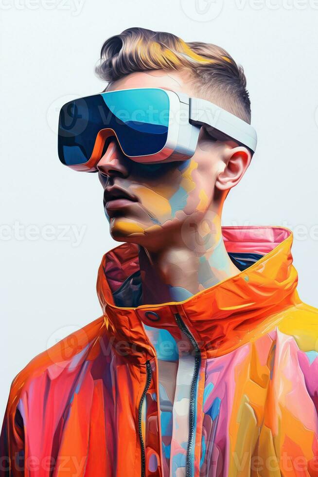 Illustration of a fashion portrait wearing a virtual reality VR headset. AI Generated. photo