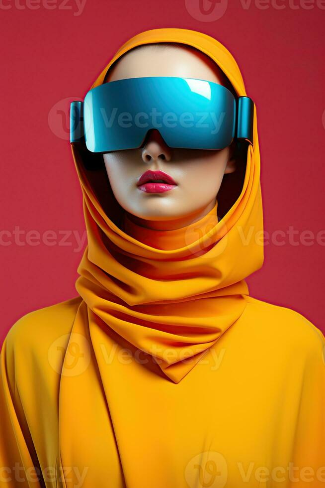 Illustration of a fashion portrait wearing a virtual reality VR headset.,, AI Generated. photo