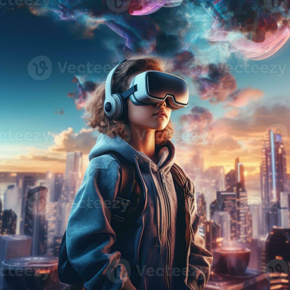 Illustration of a person wearing a virtual reality VR headset, AI Generated. photo