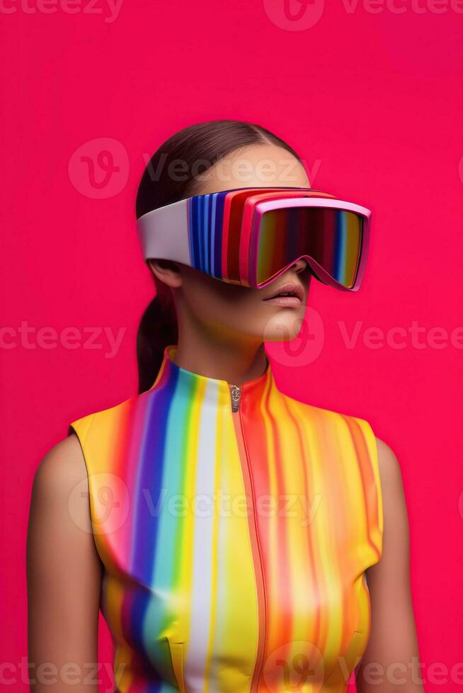Illustration of a fashion portrait wearing a virtual reality VR headset. AI Generated. photo