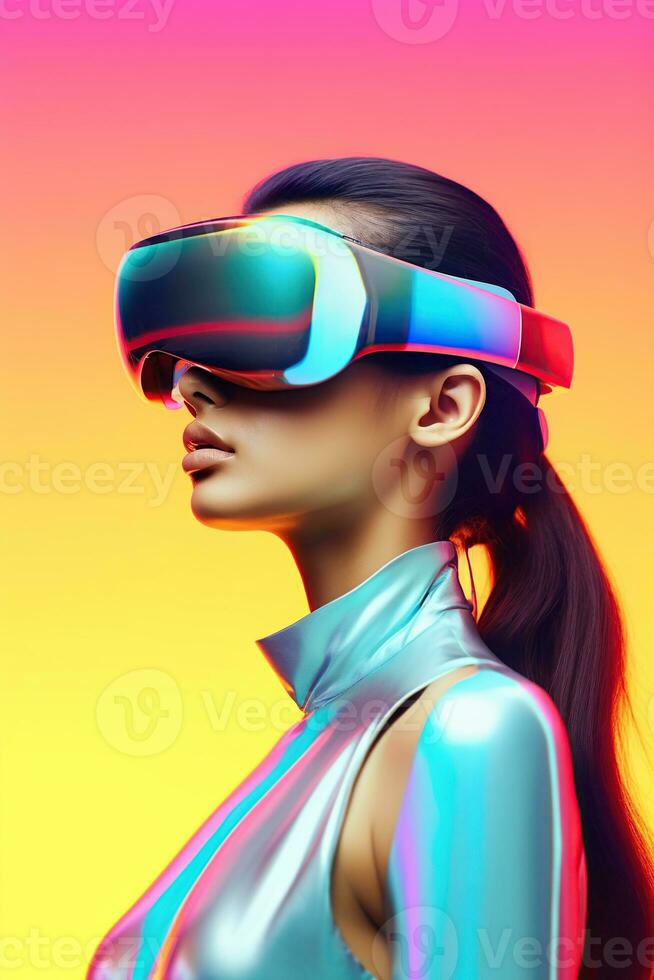 Illustration of a fashion portrait wearing a virtual reality VR headset. AI Generated. photo