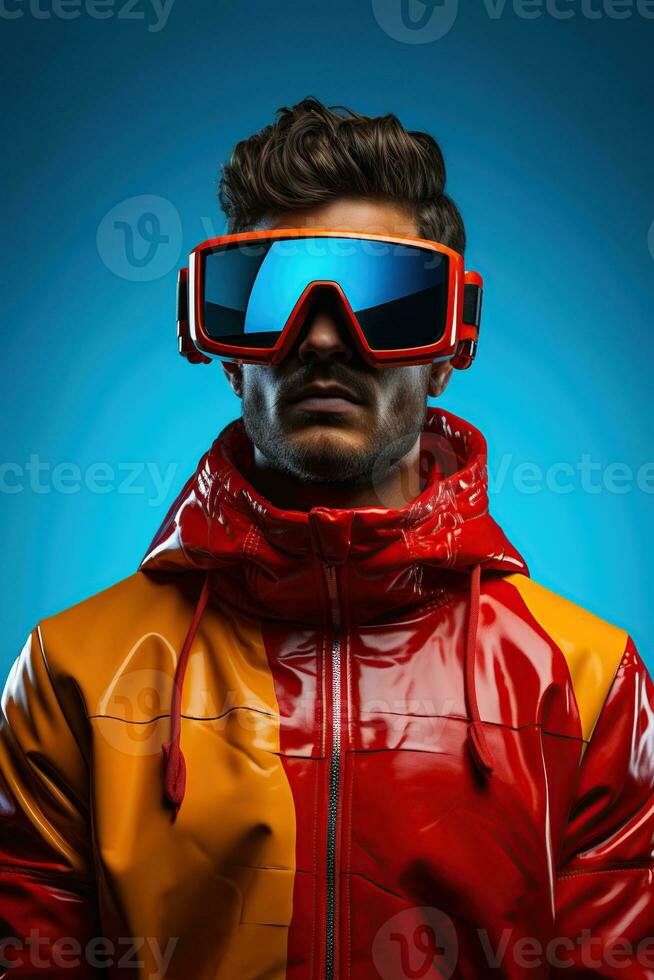 Illustration of a fashion portrait wearing a virtual reality VR headset. AI Generated. photo