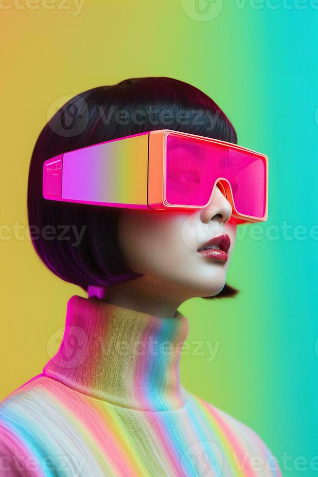 Illustration of a fashion portrait wearing a virtual reality VR headset.,, AI Generated. photo