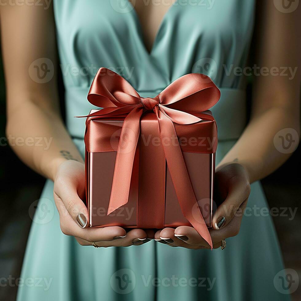 Illustration of a gift box in hand with a Christmas background, AI Generated photo