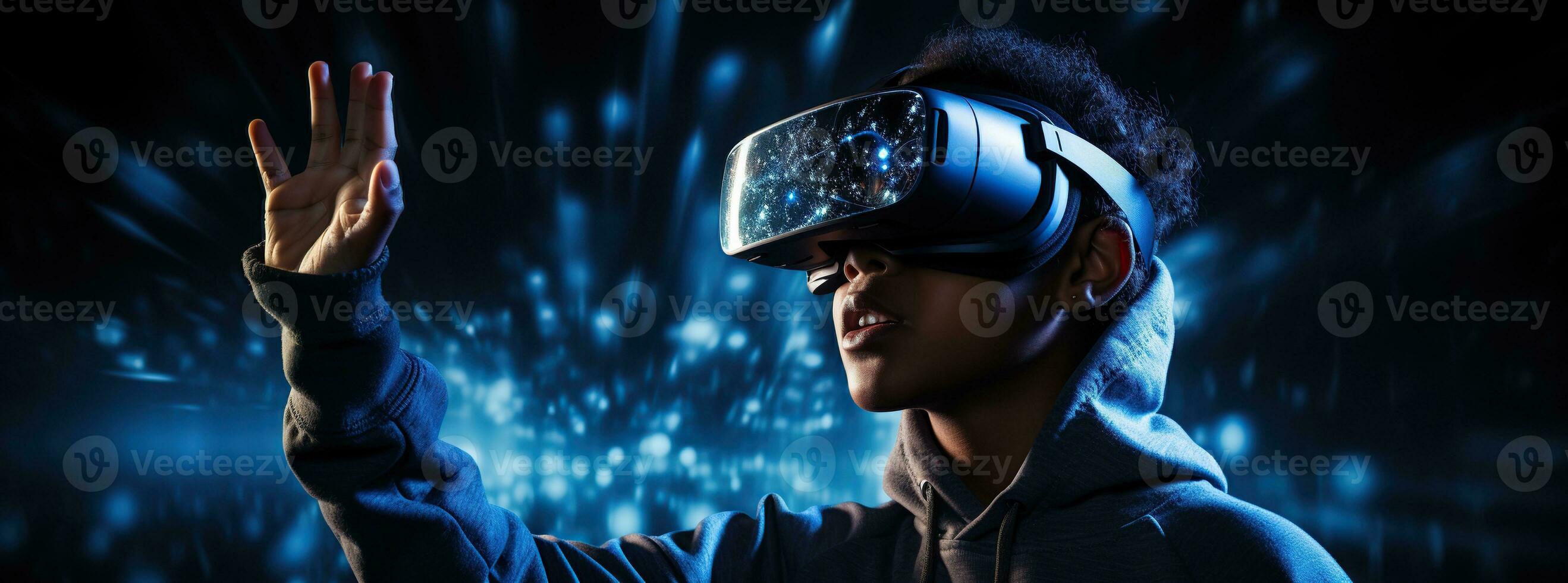 Illustration of a person wearing a virtual reality VR headset, AI Generated. photo