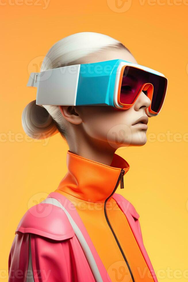 Illustration of a fashion portrait wearing a virtual reality VR headset. AI Generated. photo