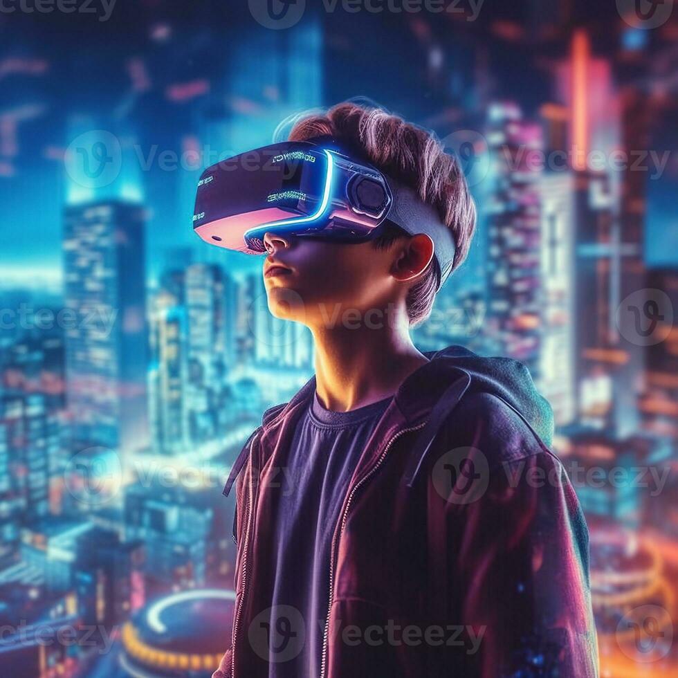 ilustración de un persona vistiendo un virtual realidad vr auriculares, ai generado. foto