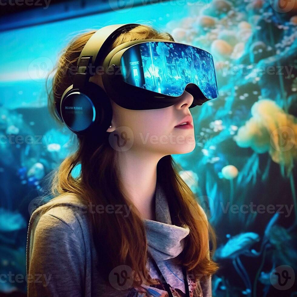 ilustración de un persona vistiendo un virtual realidad vr auriculares, ai generado. foto