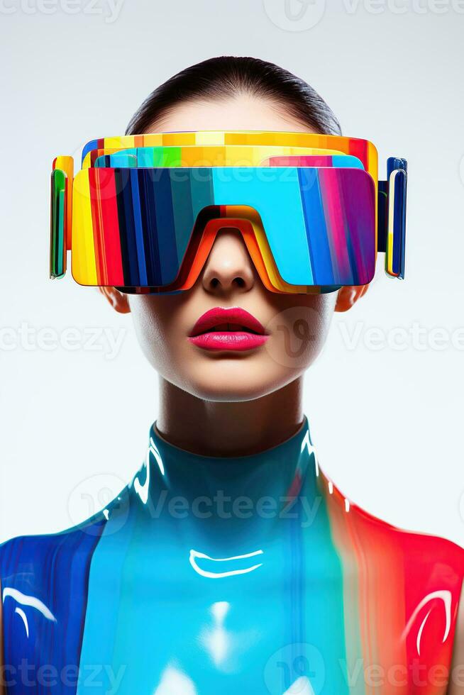 Illustration of a fashion portrait wearing a virtual reality VR headset.,, AI Generated. photo