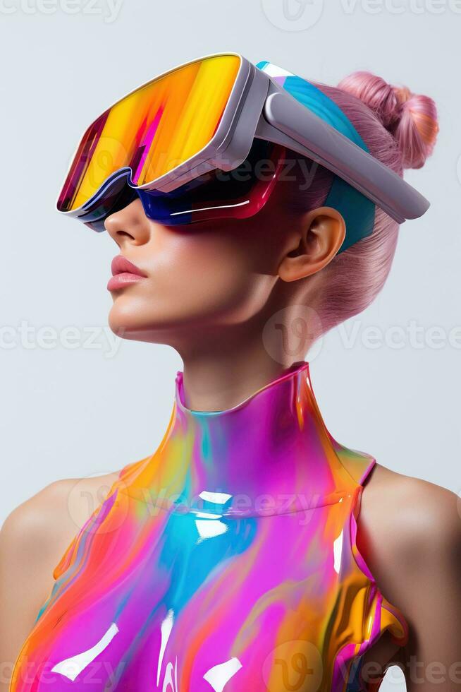 Illustration of a fashion portrait wearing a virtual reality VR headset. AI Generated. photo