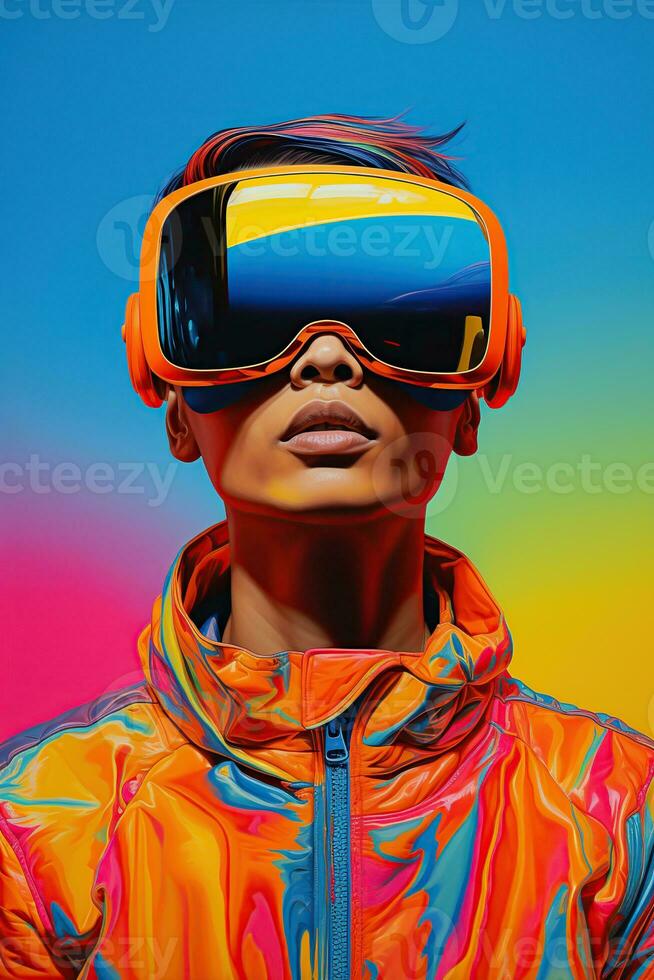 Illustration of a fashion portrait wearing a virtual reality VR headset. AI Generated. photo