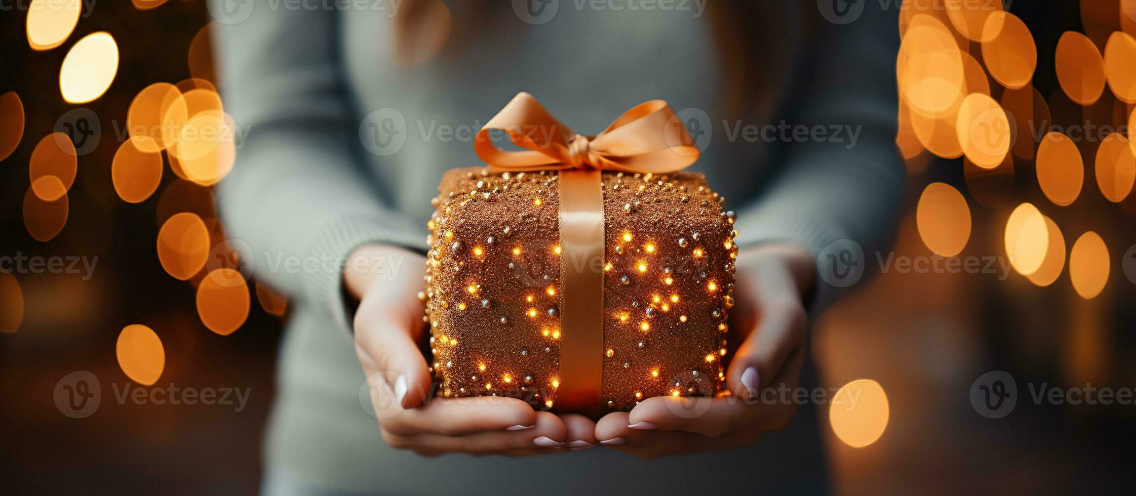 Illustration of a gift box in hand with a Christmas background, AI Generated photo