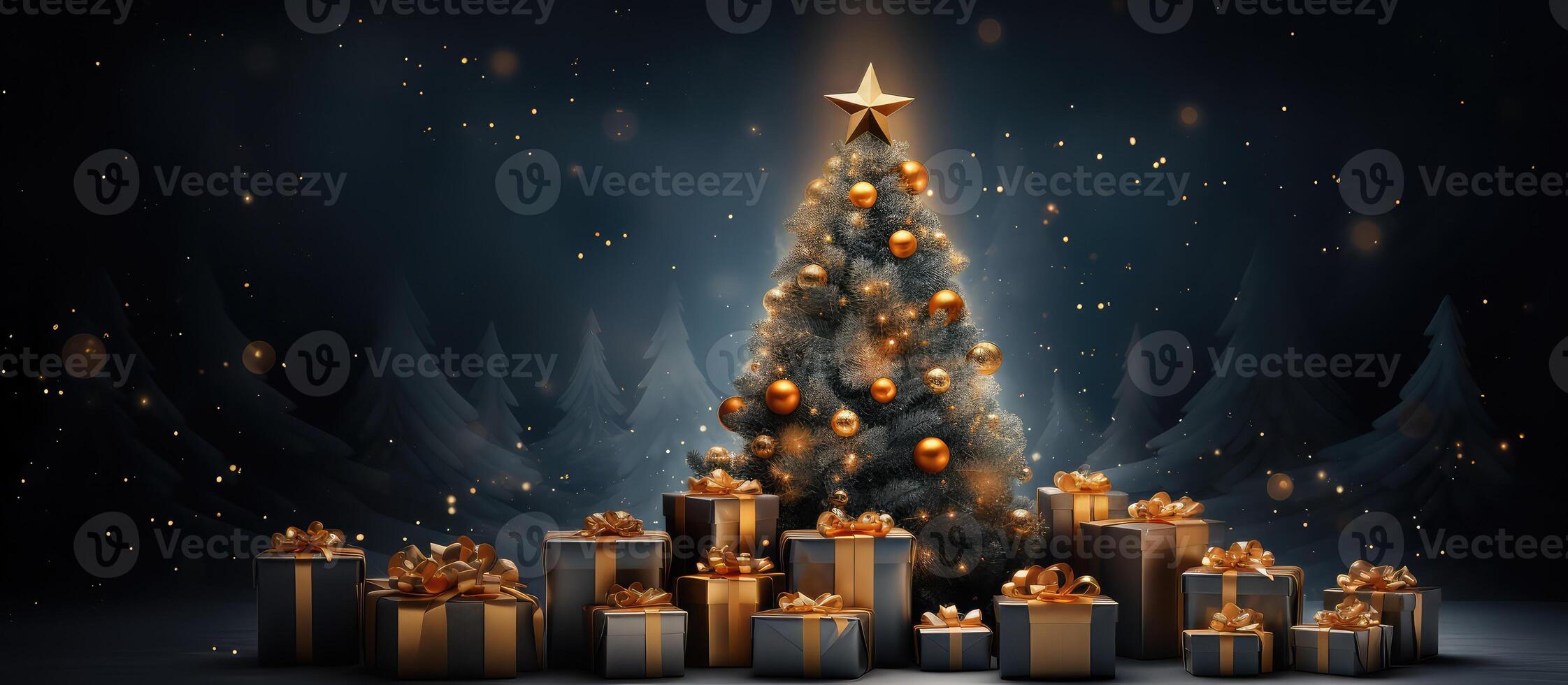 christmas tree with presents and gold stars on dark background . AI Generated photo