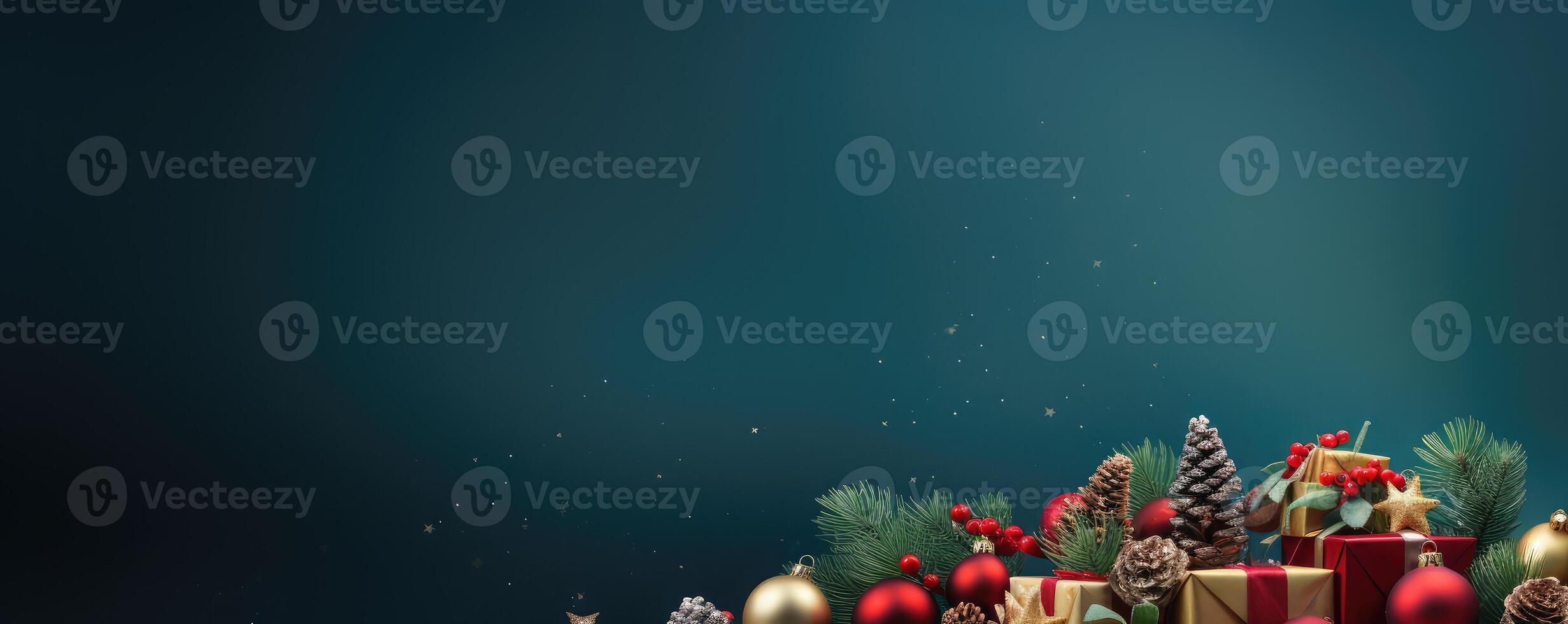christmas background with gifts and fir trees . photo