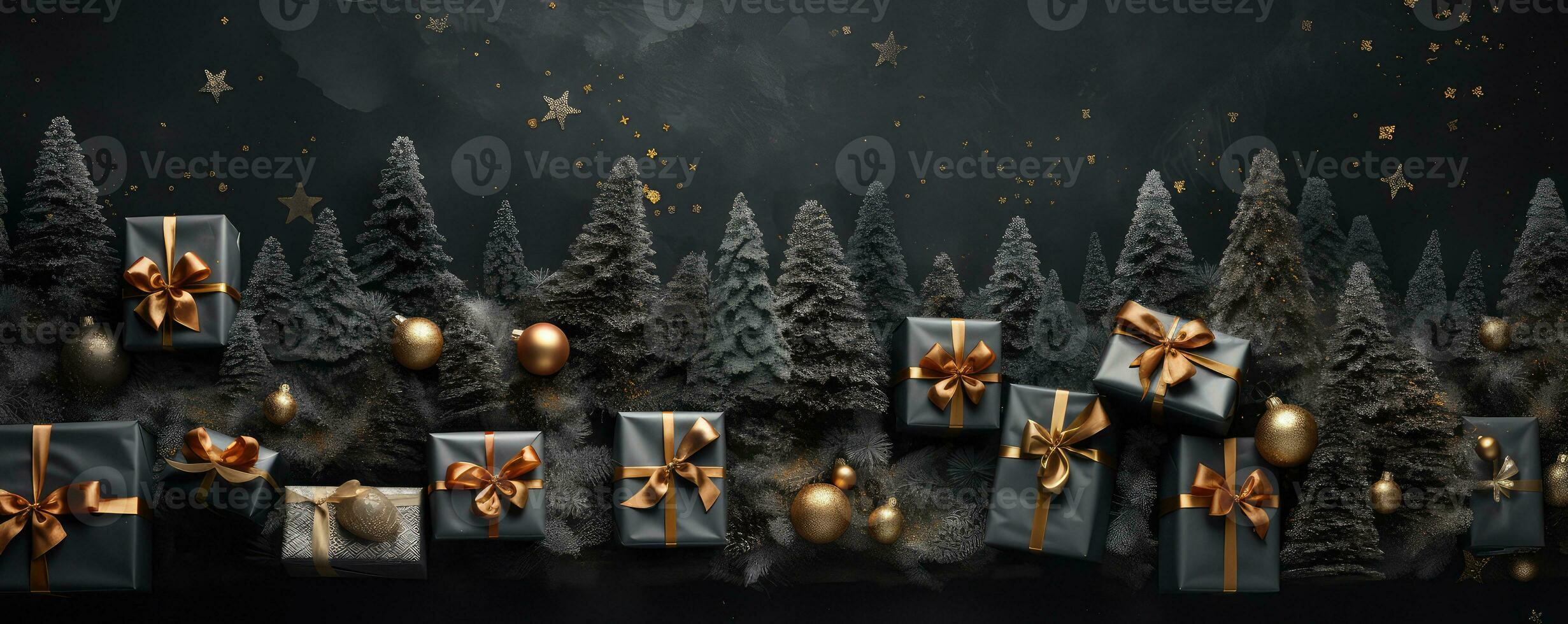 christmas trees and presents on a black background . AI Generated photo