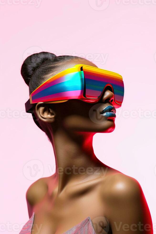 Illustration of a fashion portrait wearing a virtual reality VR headset.,, AI Generated. photo