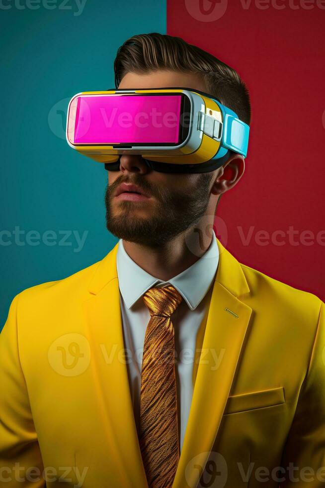 Illustration of a fashion portrait wearing a virtual reality VR headset. AI Generated. photo