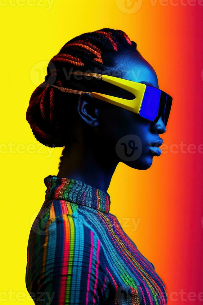 Illustration of a fashion portrait wearing a virtual reality VR headset.,, AI Generated. photo