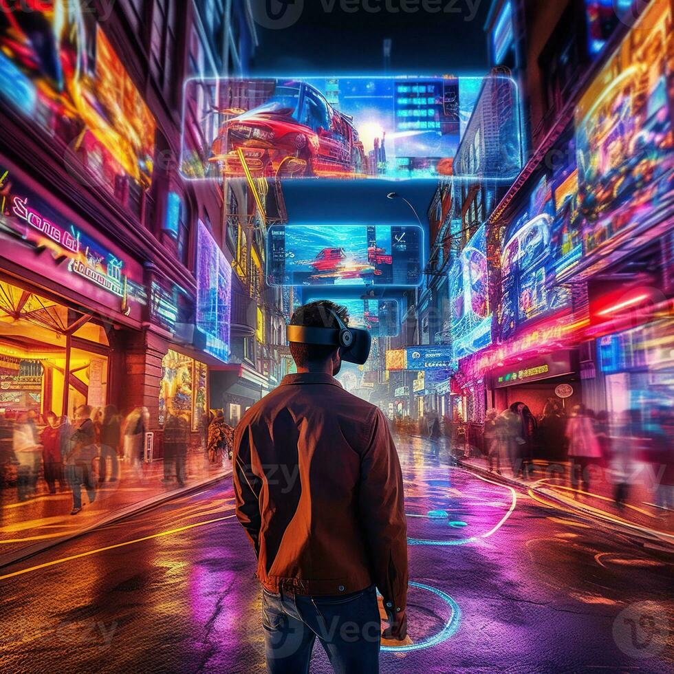Illustration of a person wearing a virtual reality VR headset, AI Generated. photo