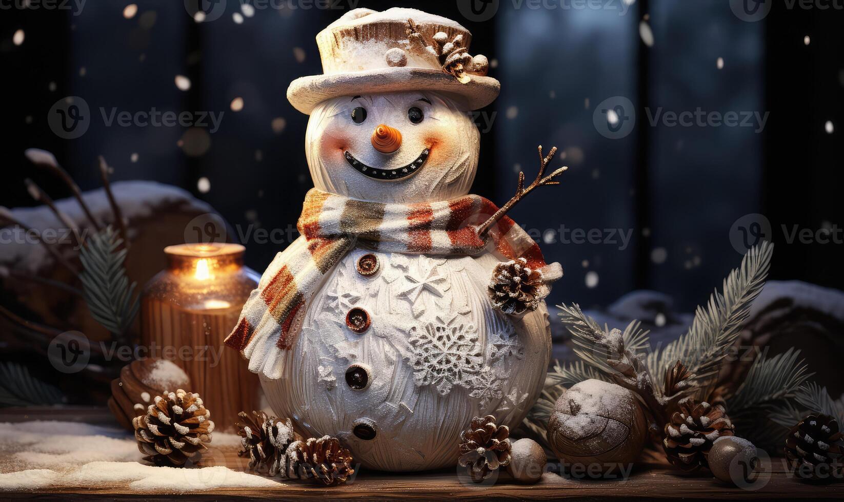 a snowman with a hat and scarf sitting on a table . photo