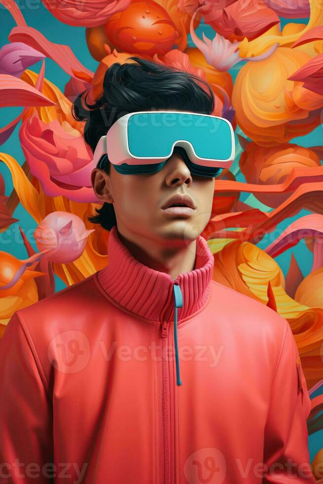 Illustration of a fashion portrait wearing a virtual reality VR headset. AI Generated. photo