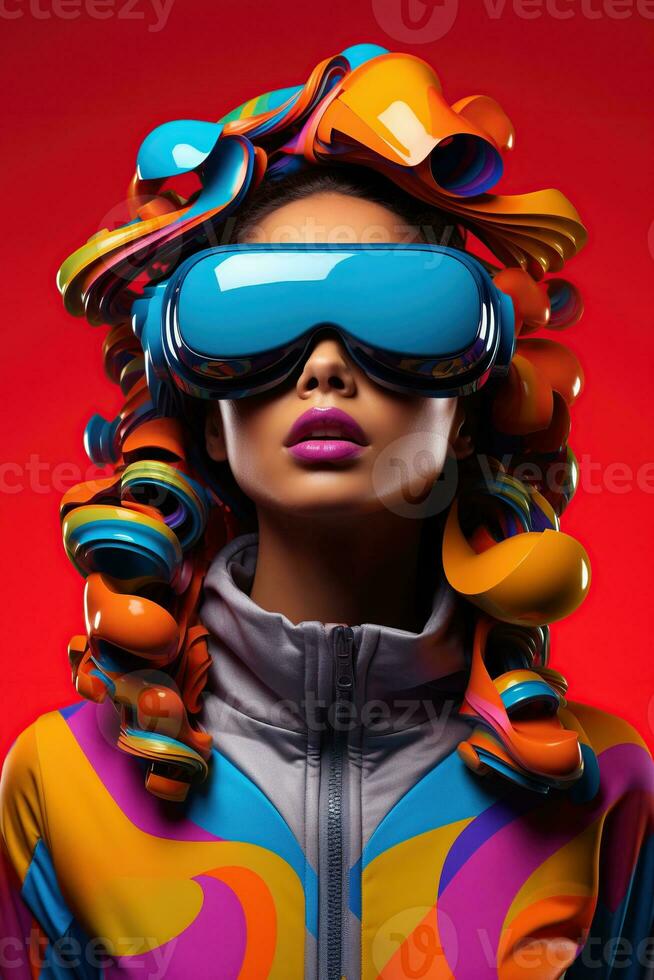 Illustration of a fashion portrait wearing a virtual reality VR headset. AI Generated. photo