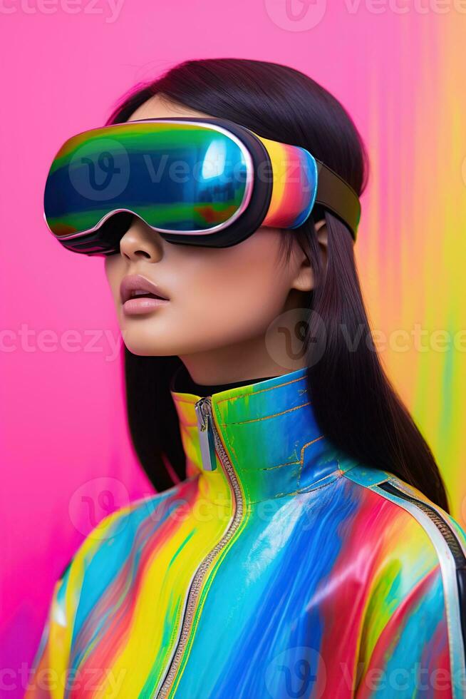 Illustration of a fashion portrait wearing a virtual reality VR headset. AI Generated. photo