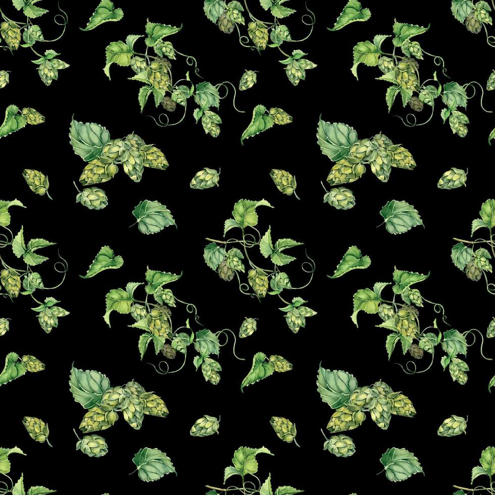 Hop vine, plant humulus watercolor seamless pattern isolated on black background. Hop on brunch with leaves, hop cones hand drawn. Design element for wrapping, label, packaging, paper, textile vector