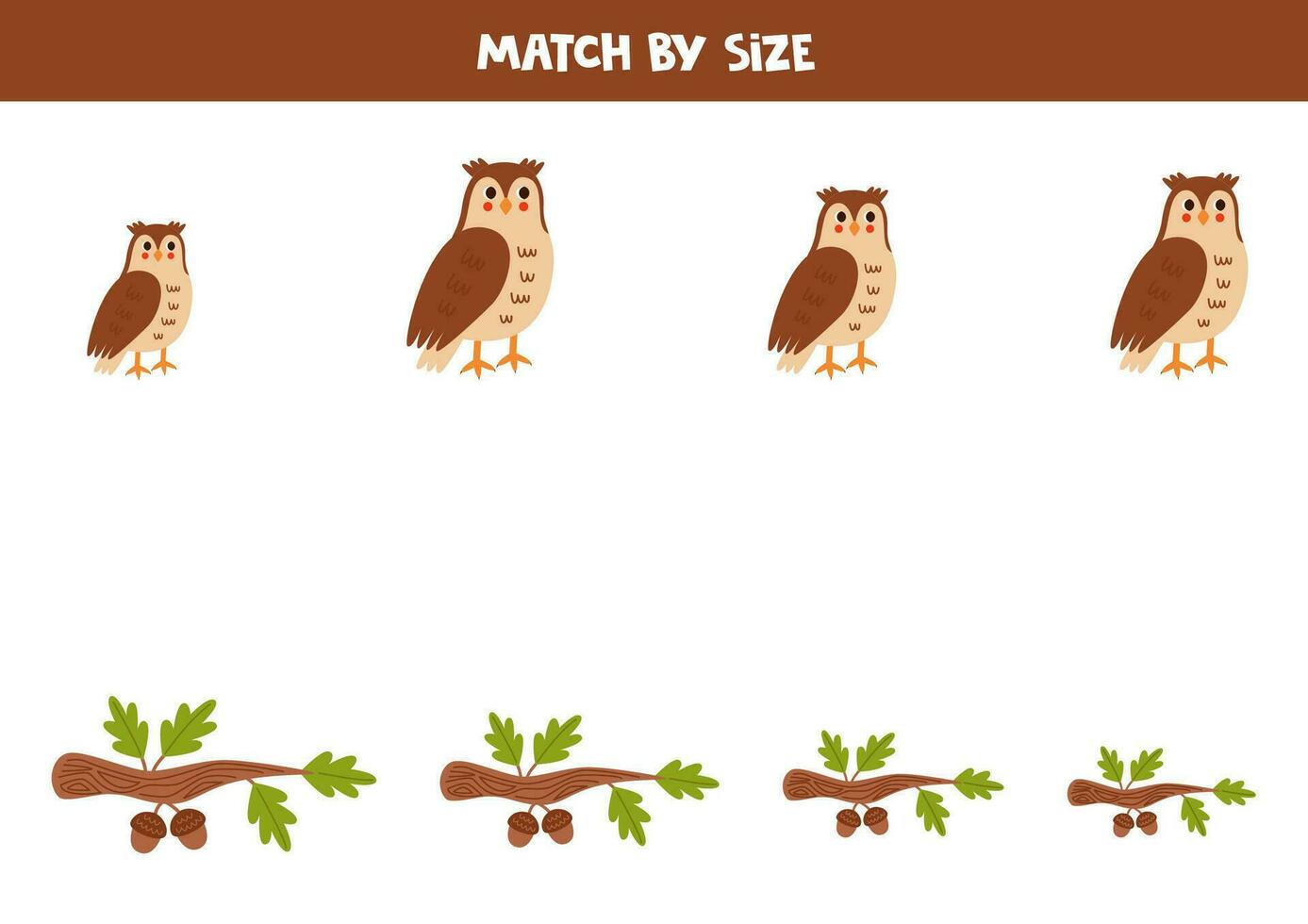 Match cute owls and tree branches by size. Educational logical game for kids. vector