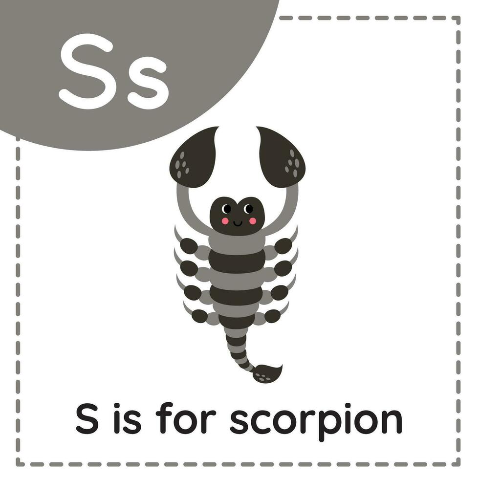 aprendizaje Inglés alfabeto para niños. letra s. linda dibujos animados escorpión. vector