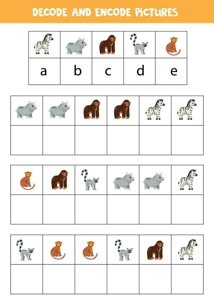 Decode and encode pictures. Logical game with cute African animals. vector