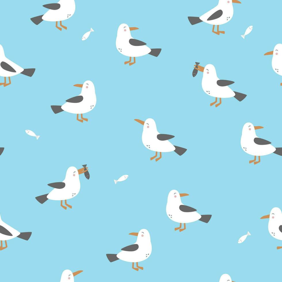 Funny seagull and fish seamless pattern. Hand drawn nautical illustration. Marine vector background.