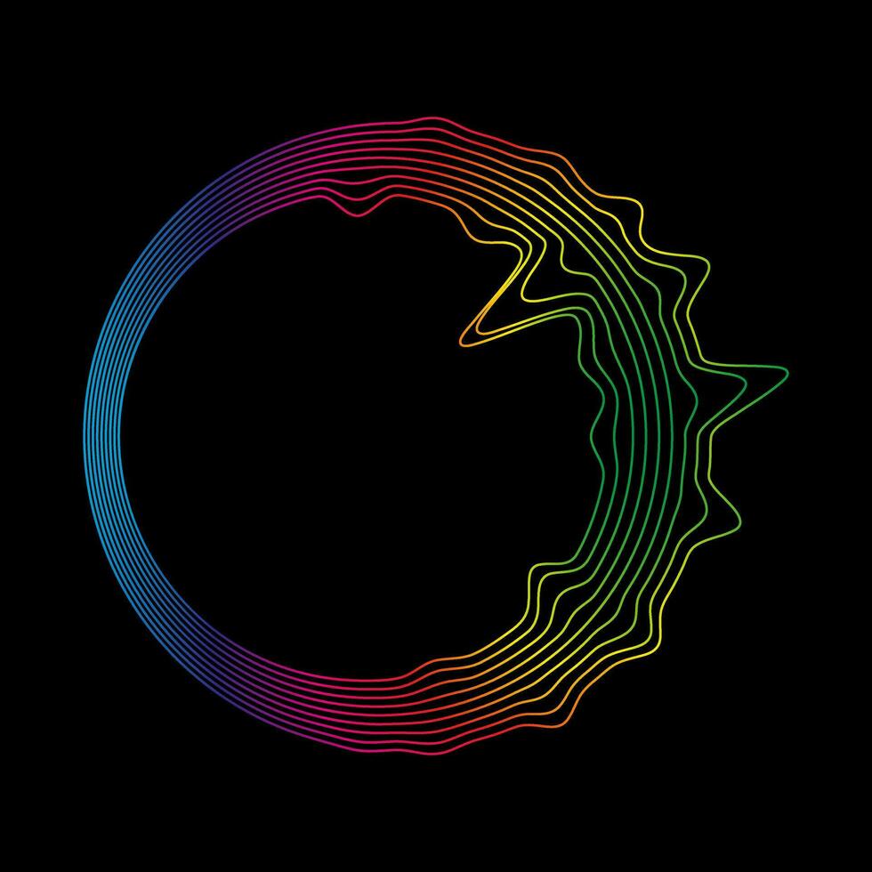 Sound waves rainbow circle shape. Abstract geometric linear wavy shape on black background. Vector icon