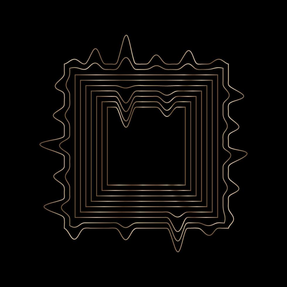 Square abstract gold frame, linear wavy geometric shape object on black background. Vector illustration