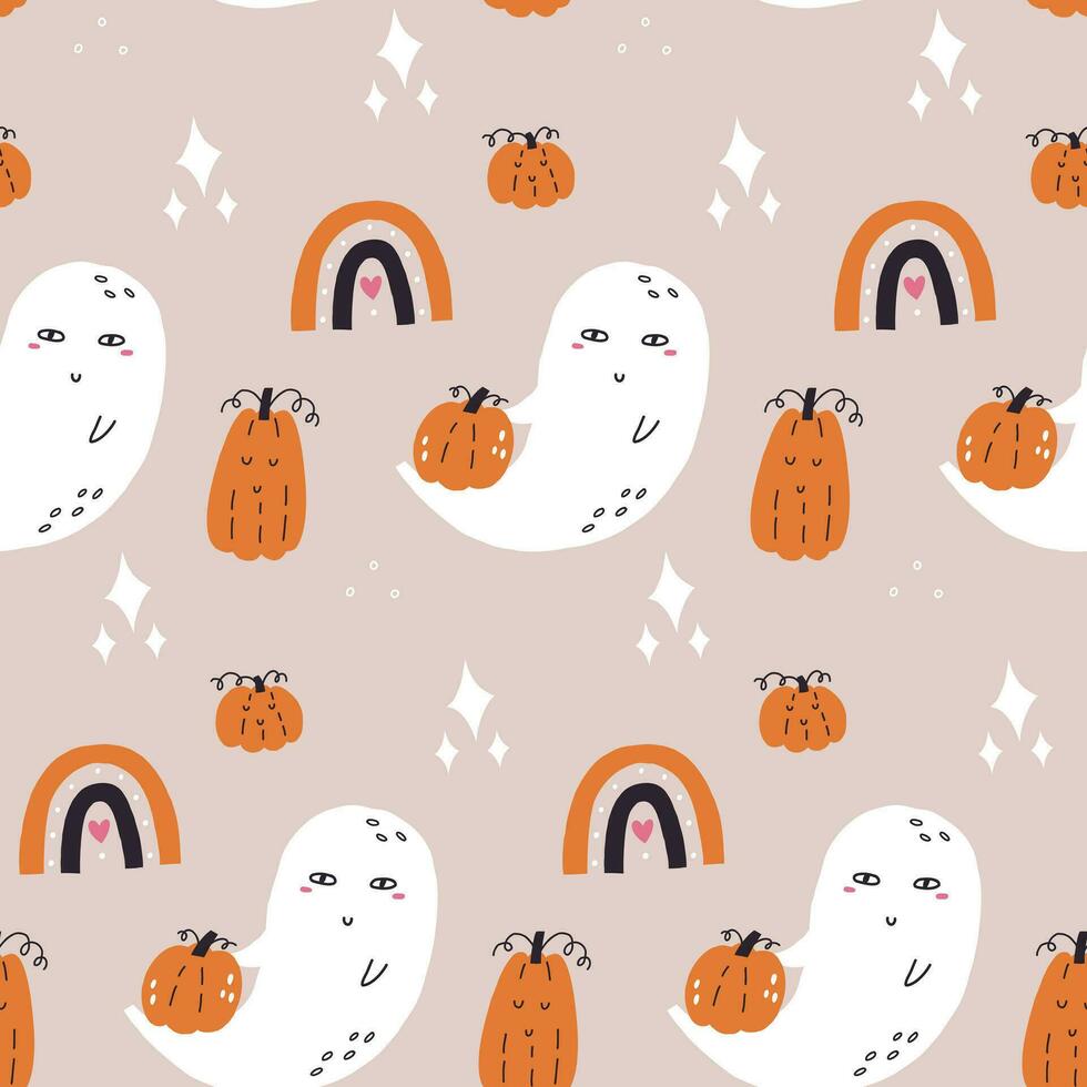 Seamless pattern halloween ghost with pumpkin vector