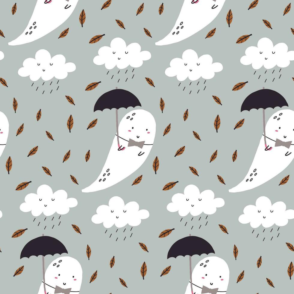 Seamless pattern cute ghost with umbrella vector