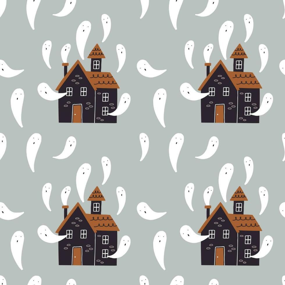 Seamless pattern haunted house with ghost vector